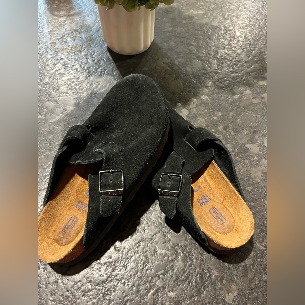 Birkenstock Black Suede Clogs with Buckles